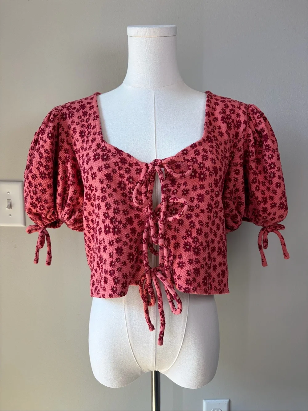 Free People Ditsy Floral Sweet Sun Tie Front Top in Salmon Combo Flirty Romantic